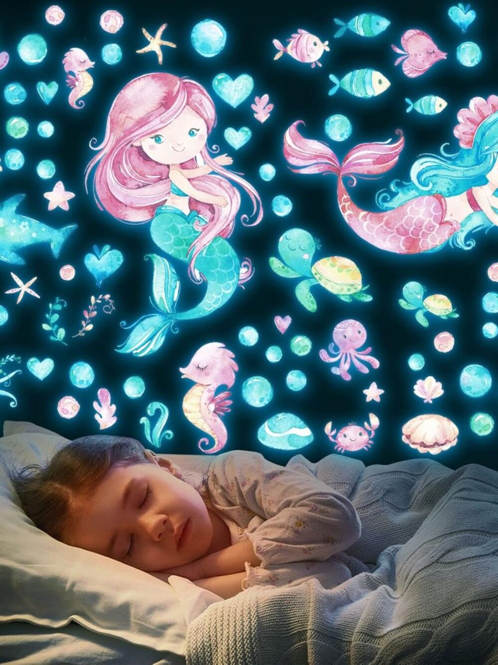 Luminous Mermaid Wall Stickers Decals,Glow in The Dark Mermaid Starfish Wall Dec